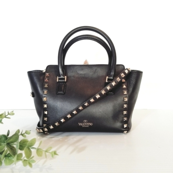 VALENTINO Garavani Black Leather Rockstud Mini Crossbody Bag - Picture 1 of 17